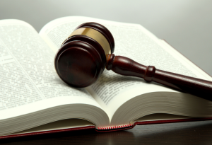 A gavel laying on top of an open law book