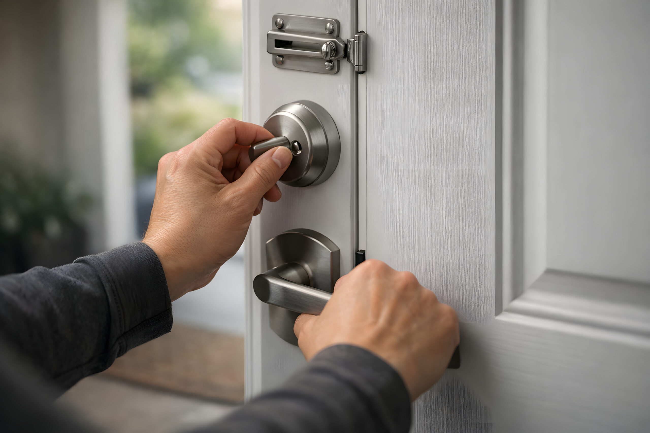 Hands Locking Door from Inside, Castle Doctrine Concept, Face Not Visible, Secure Home