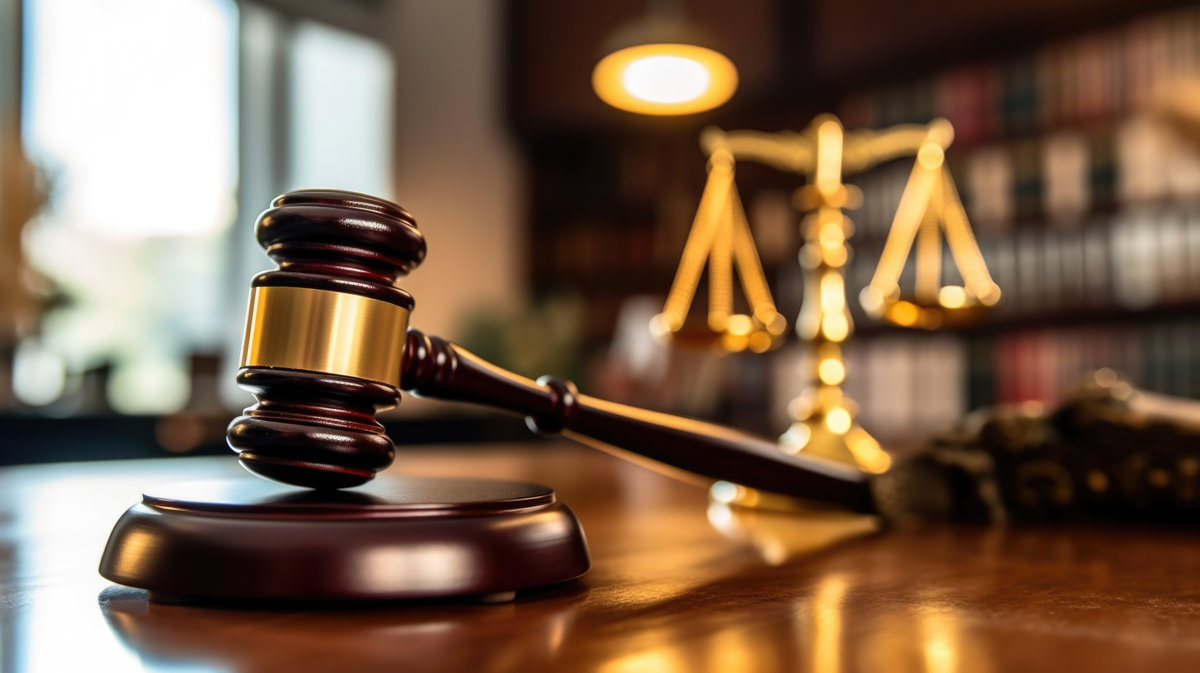 Gavel and scales in a legal office. The concept represents justice and law